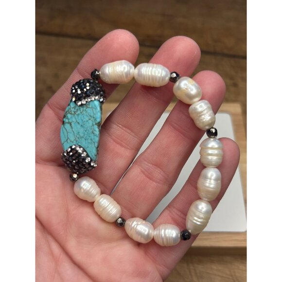 Turquoise & Pearl Stretch Bracelet With Swarovski Crystal Pave Accents - Picture 11 of 12